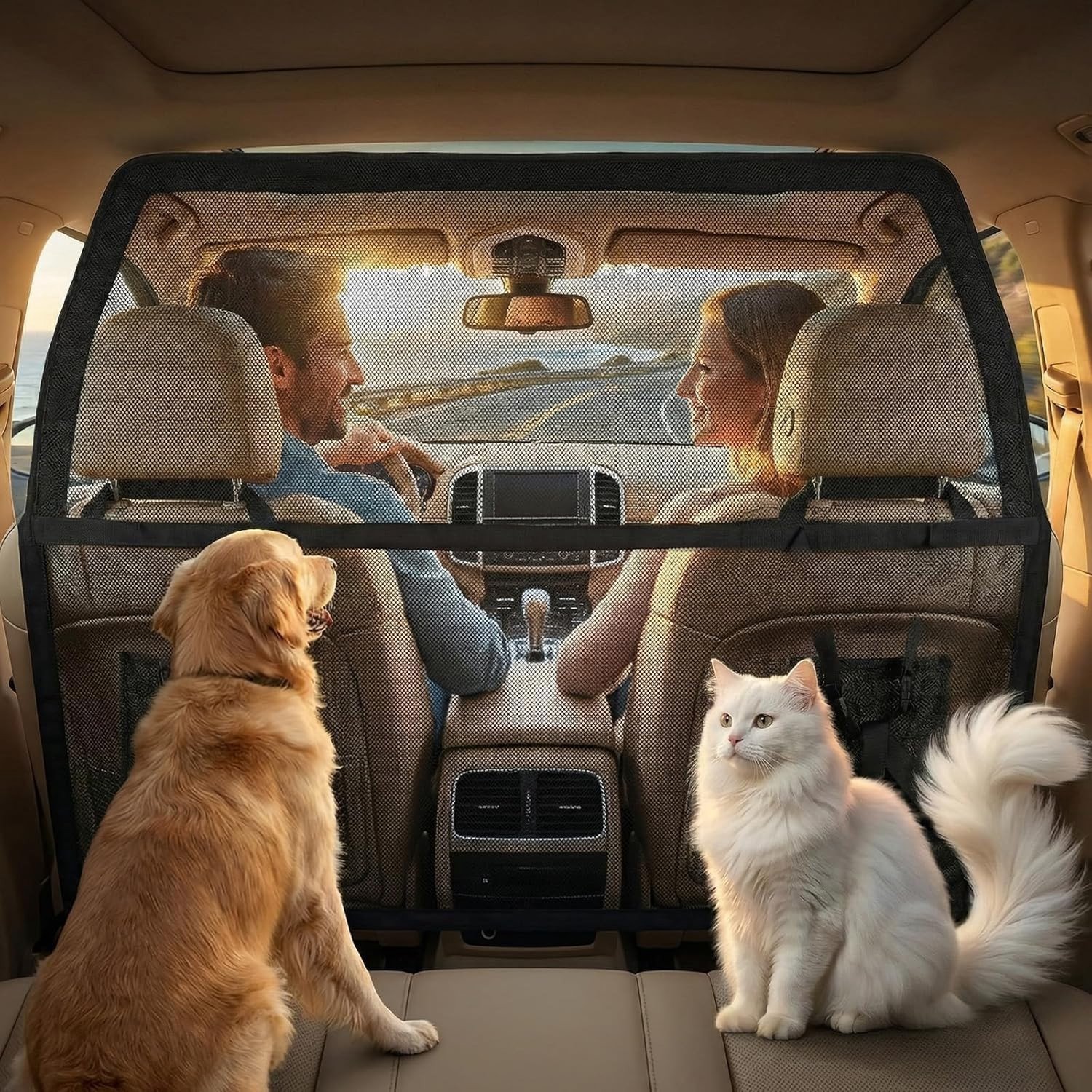 Hondennet voor Auto, Achterbank en Kofferbak, 107 x 127 cm, Versterkt Net en Stabiele Metaalstructuur, Hondendivider voor SUV's, Veiligheid en Comfort voor Huisdieren