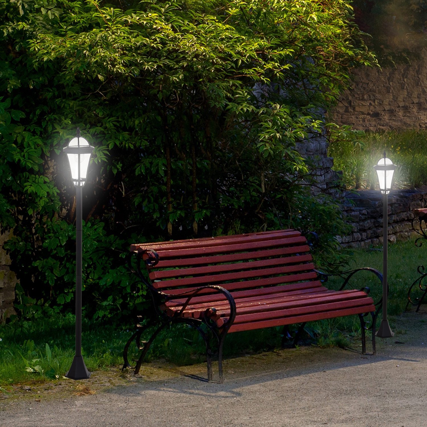 MIVRAY Lantaarnpaal - Set Van 2 Solarlampen - 18,5 X 129 Cm - Kunststof En Rvs - Zwart - Tuinverlichting Met Dagsensor IP44