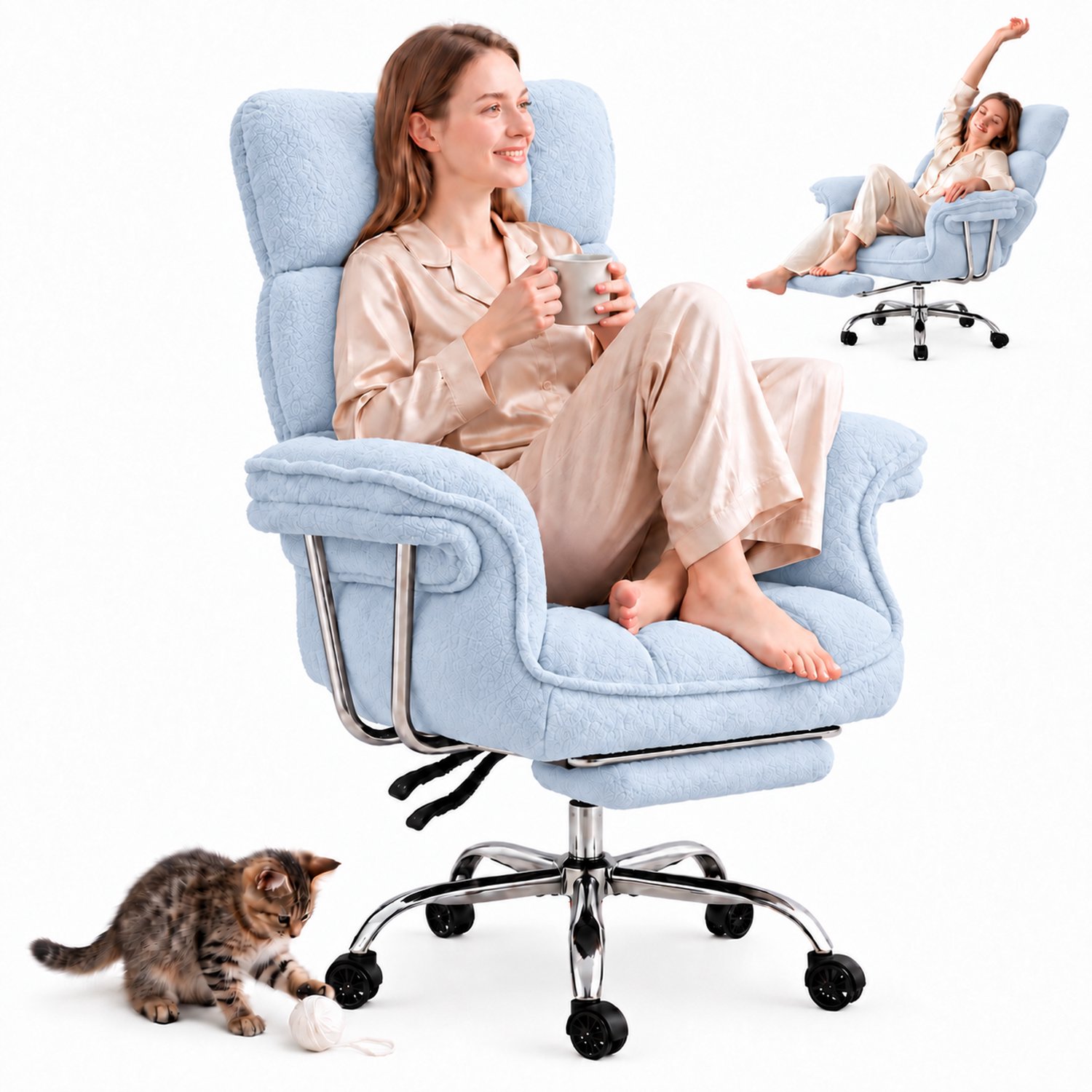 Dowinx Gamingstoel - Ergonomische Bureaustoel met Voetsteun - Verstelbare Gamestoel met Pocketvering - Teddy Fleece Bekleding - Grote Bureaustoel tot 181 kg - Blauw