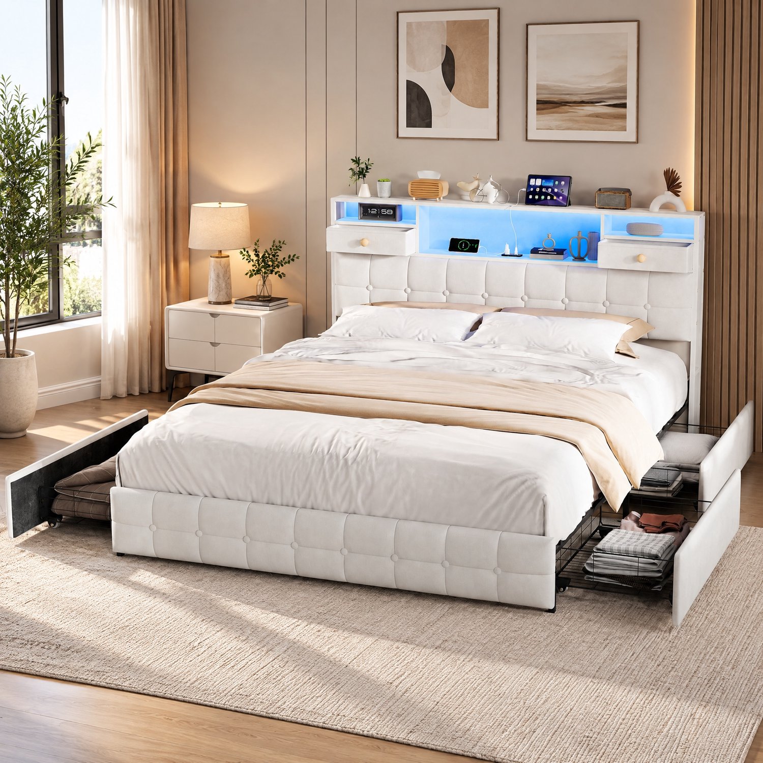 MEXUS Tweepersoonsbed 160x200 cm met 4 opberglades, gestoffeerd bed met led-/USB-aansluiting, bedframe met hoofdbord en lattenbodem, fluweel Beige