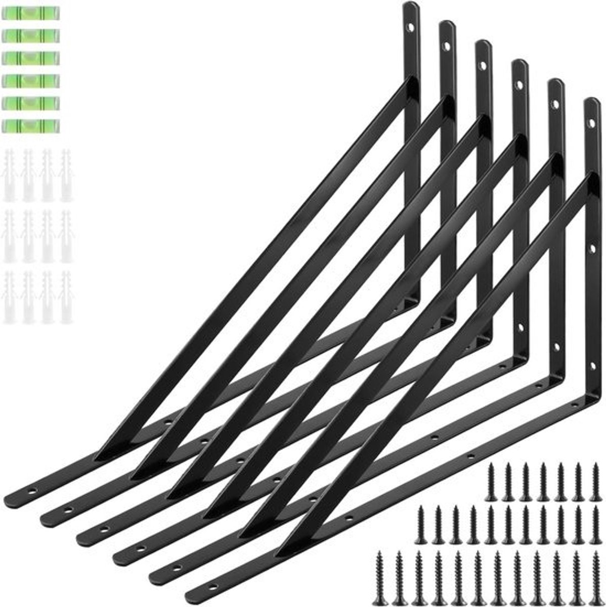 Set van 6 metalen wandsteunen voor planken, 400 x 250 mm, hoeksteun, zwart, 90 graden, 120 kg draagvermogen, ideaal voor opslag en organisatie
