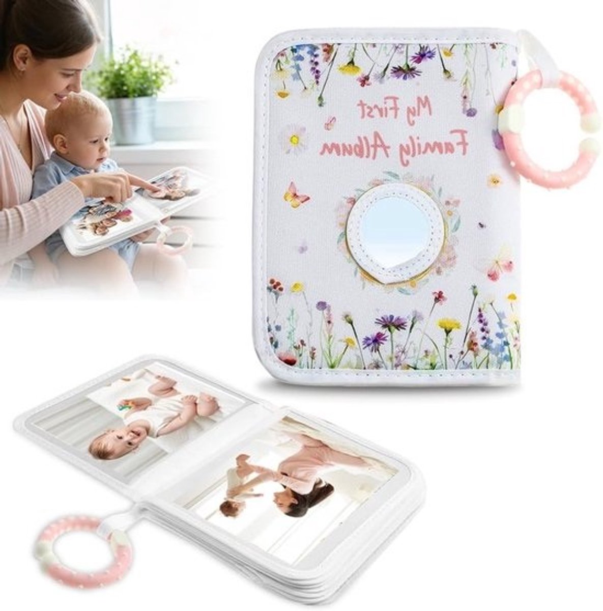 Baby Fotoalbum voor 17 Foto's, 10 x 15 cm, Herinneringsboek voor Baby's, Geschikt voor Babyshowers en Gezinsfoto's, Met Spiegeltje en Stofafwerking