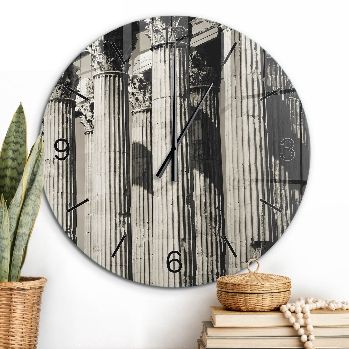 ArtPrintCave Zwart-wit Glazen Klok - Wandklok 60 cm - Muurklok Rond - Oude Zuilen Stille Wandklok - Landschappen Wandklok Keuken - Zwarte Klokwijzers