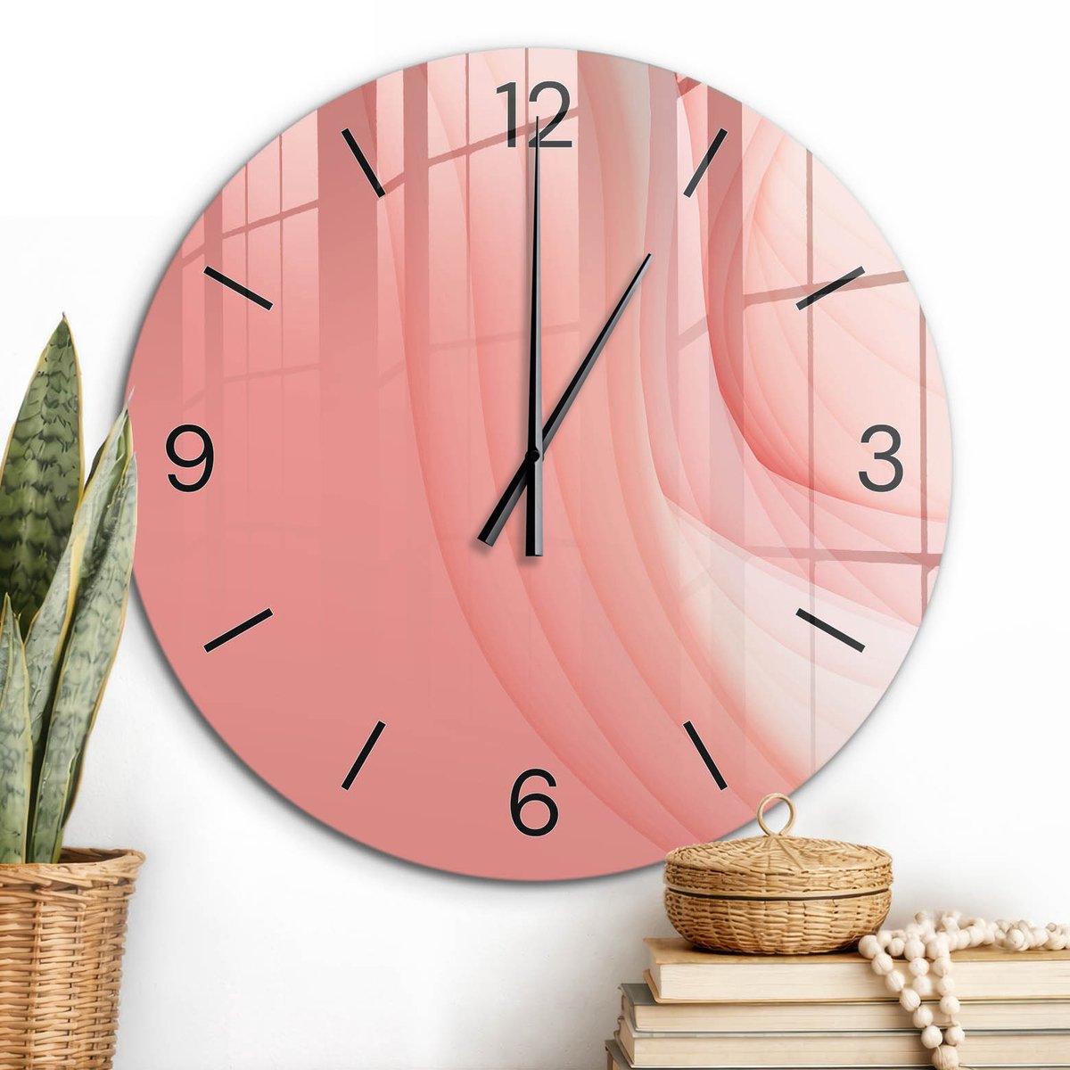 ArtPrintCave Roze Glazen Klok - Wandklok 60 cm - Muurklok Rond - Roze Golven Wandklok Keuken - Kunst Unieke Klok - Zwarte Klokwijzers