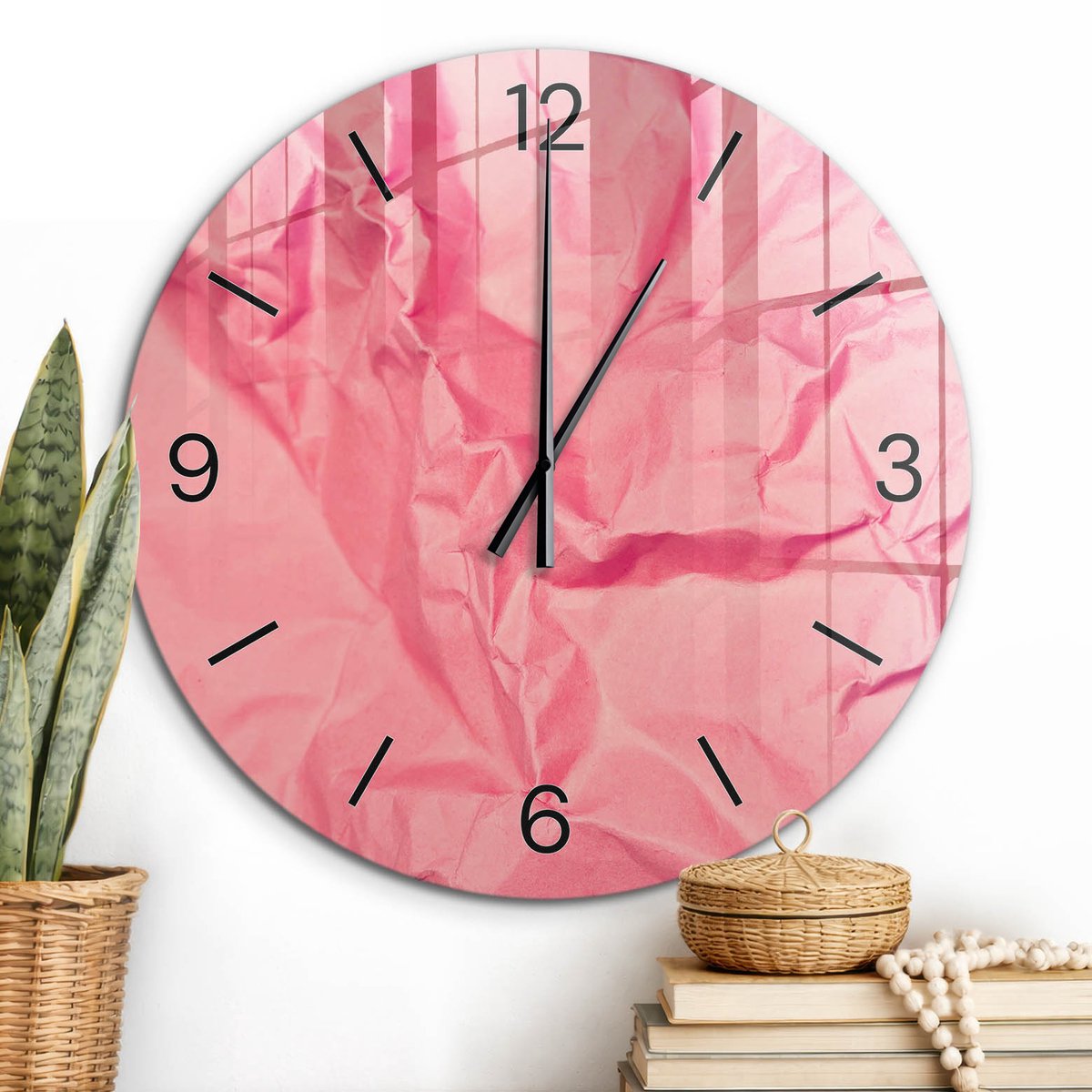 ArtPrintCave Roze Glazen Klok - Wandklok 60 cm - Muurklok Rond - Roze Textuur Unieke Klok - Abstractie Stille Wandklok - Zwarte Klokwijzers
