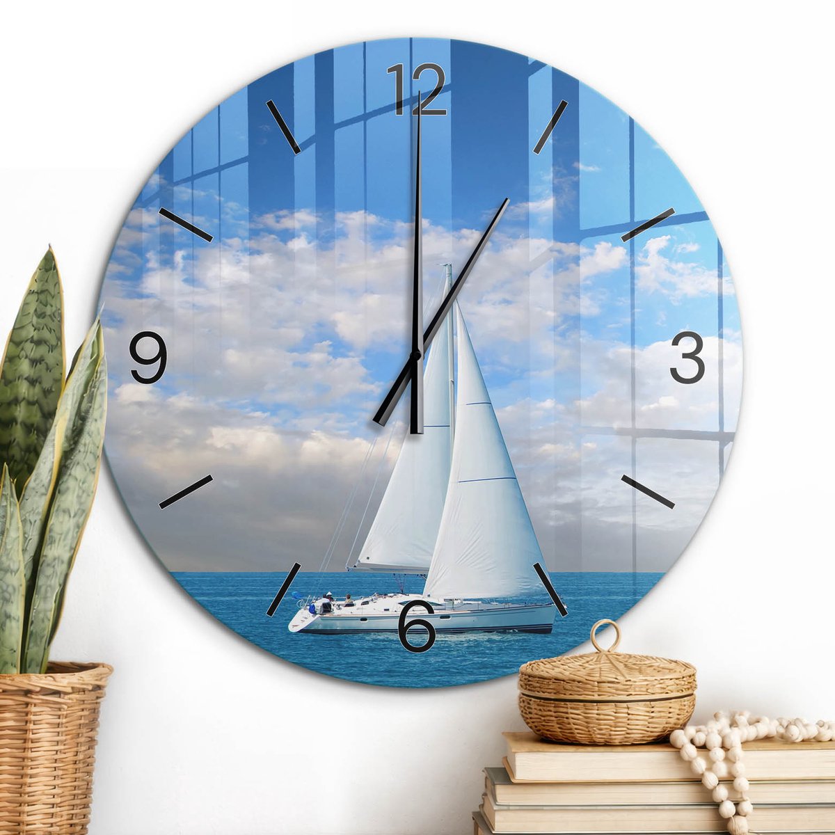 ArtPrintCave Blauw Glazen Klok - Wandklok 60 cm - Muurklok Rond - Ontspanning Aan Zee Wandklok Keuken - Andere Voertuigen Unieke Klok - Zwarte Klokwijzers
