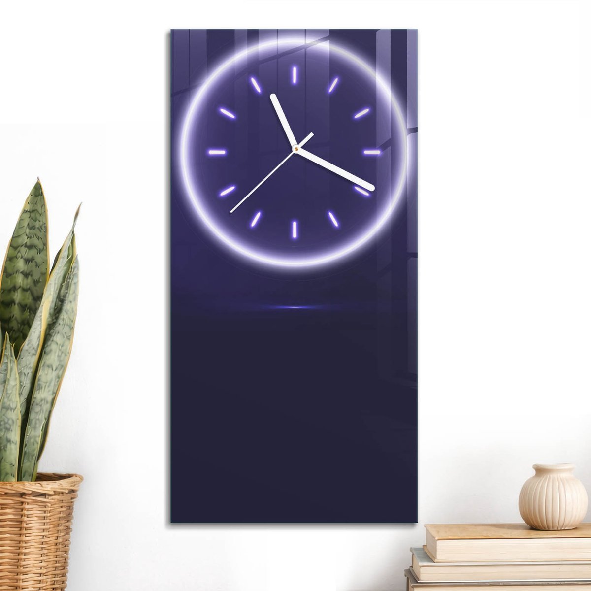 ArtPrintCave Paars Glazen Klok - 30x60 cm - Rechthoekige Wandklok - Neonklok Stille Wandklok - Geometrie Wandklok Keuken - Witte Klokwijzers
