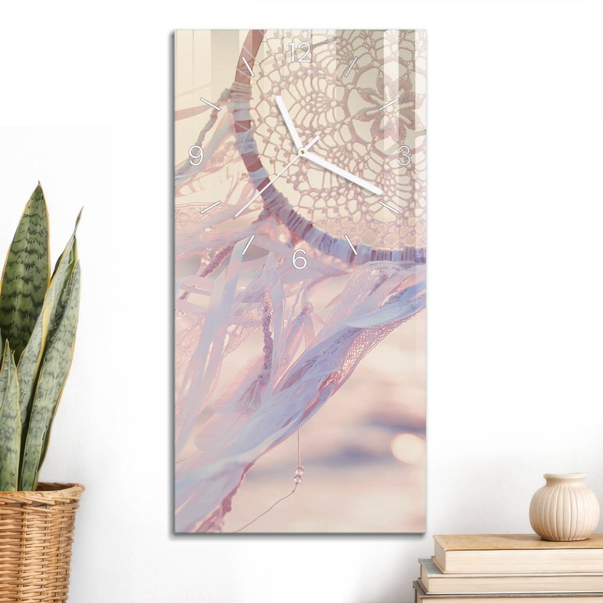 ArtPrintCave Roze Glazen Klok - 30x60 cm - Rechthoekige Wandklok - Dromenvanger Stille Wandklok - Achtergronden En Patronen Wandklok Keuken - Witte Klokwijzers