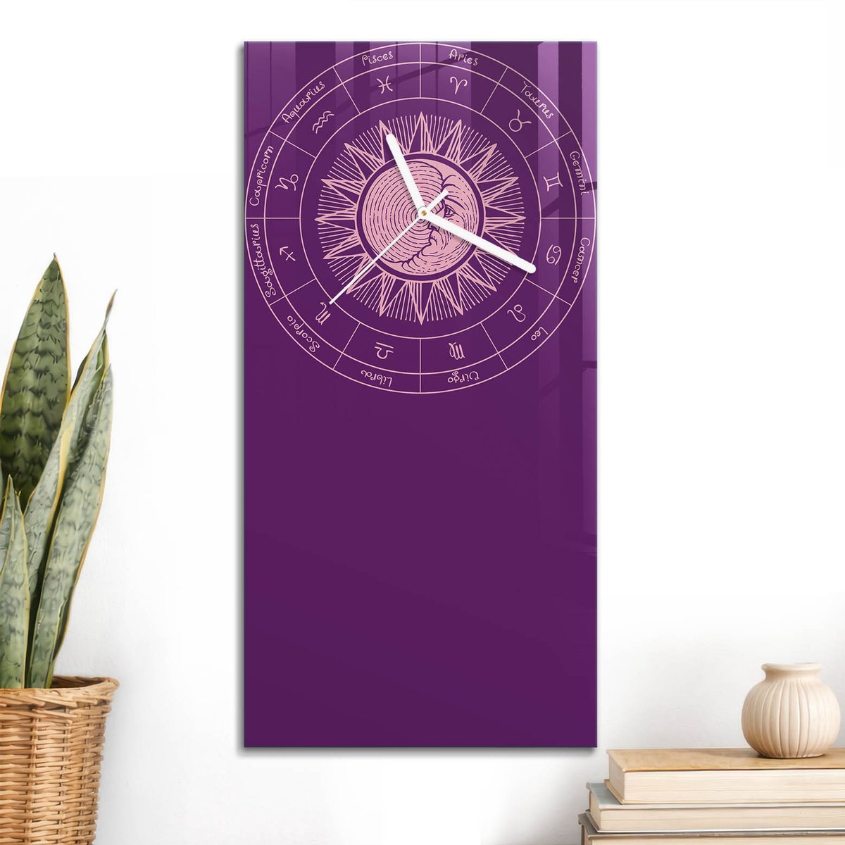 ArtPrintCave Paars Glazen Klok - 30x60 cm - Rechthoekige Wandklok - Dierenriem Mandala Wandklok Keuken - Kosmos Unieke Klok - Witte Klokwijzers