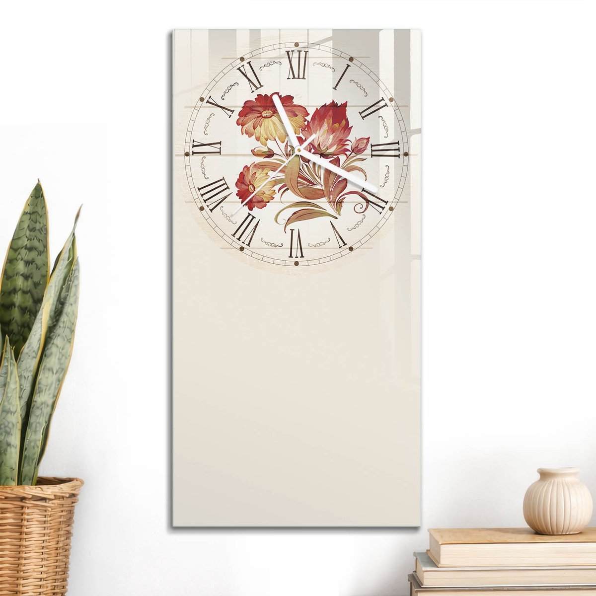ArtPrintCave Romig Glazen Klok - 30x60 cm - Rechthoekige Wandklok - Bloemenklok Wandklok Keuken - Bloemen En Planten Unieke Klok - Witte Klokwijzers