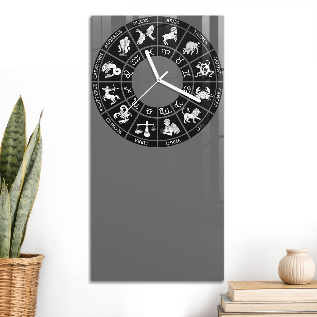 ArtPrintCave Zwart Glazen Klok - 30x60 cm - Rechthoekige Wandklok - Sterrenbeeldsymbolen Unieke Klok - Abstractie Stille Wandklok - Witte Klokwijzers