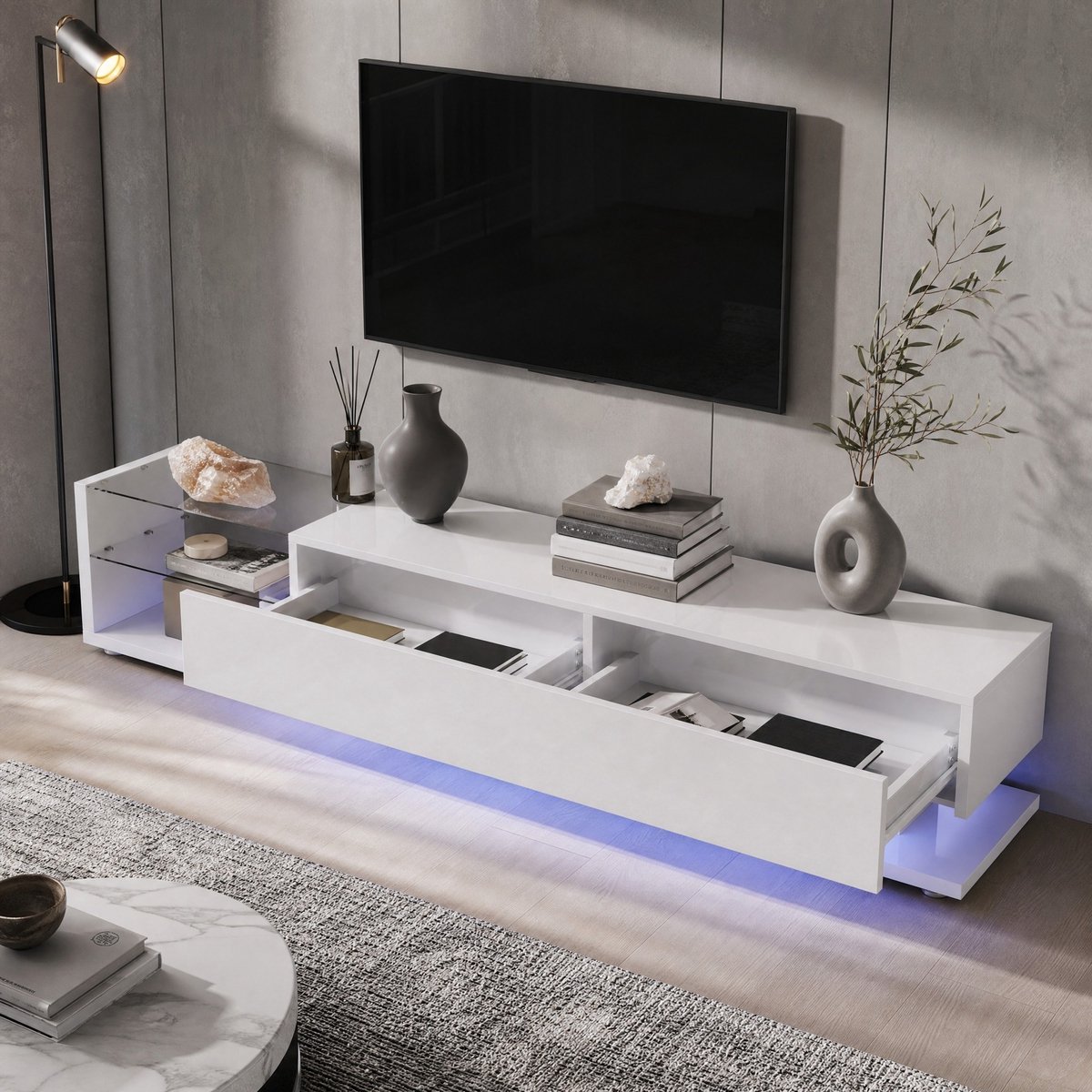 MEUNIQ TV-meubel 170 cm breed met 2 lades, 2 glazen planken en verstelbare LED-verlichting voor de woonkamer, wit hoogglans