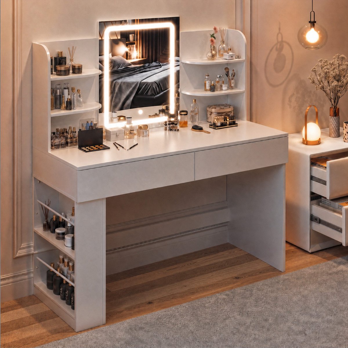 Devoko Kaptafel met LED-spiegel en 3 Lichtkleuren – Make-uptafel met Verborgen Sieradenopberging en Kruk – 110 × 40 × 135 cm – Wit