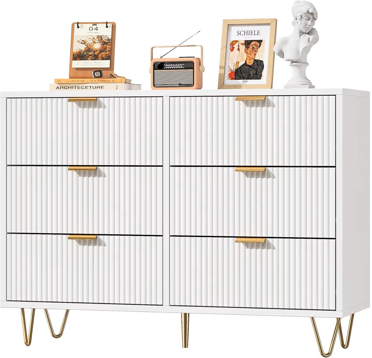 Homezo witte ladekast - Opbergmeubel - Slaapkamer - Woonkamer - Hal - 6 laden - Wit geribbelde ladefronten - 100x34x73 cm (bxdxh)