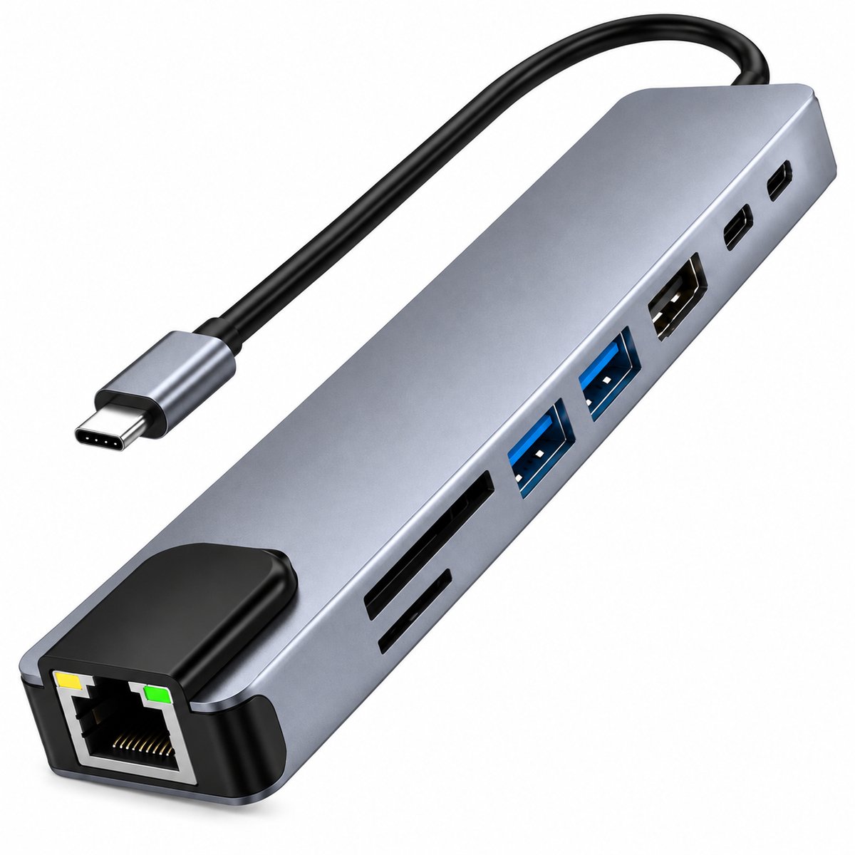 USB-C Hub 8-in-1 - USB C Docking Station voor Laptop - USB Splitter en Multiport Adapter - 4K HDMI - USB 3.0 - Ethernet - SD/TF Kaartlezer - USB-C PD - 20 cm Kabel
