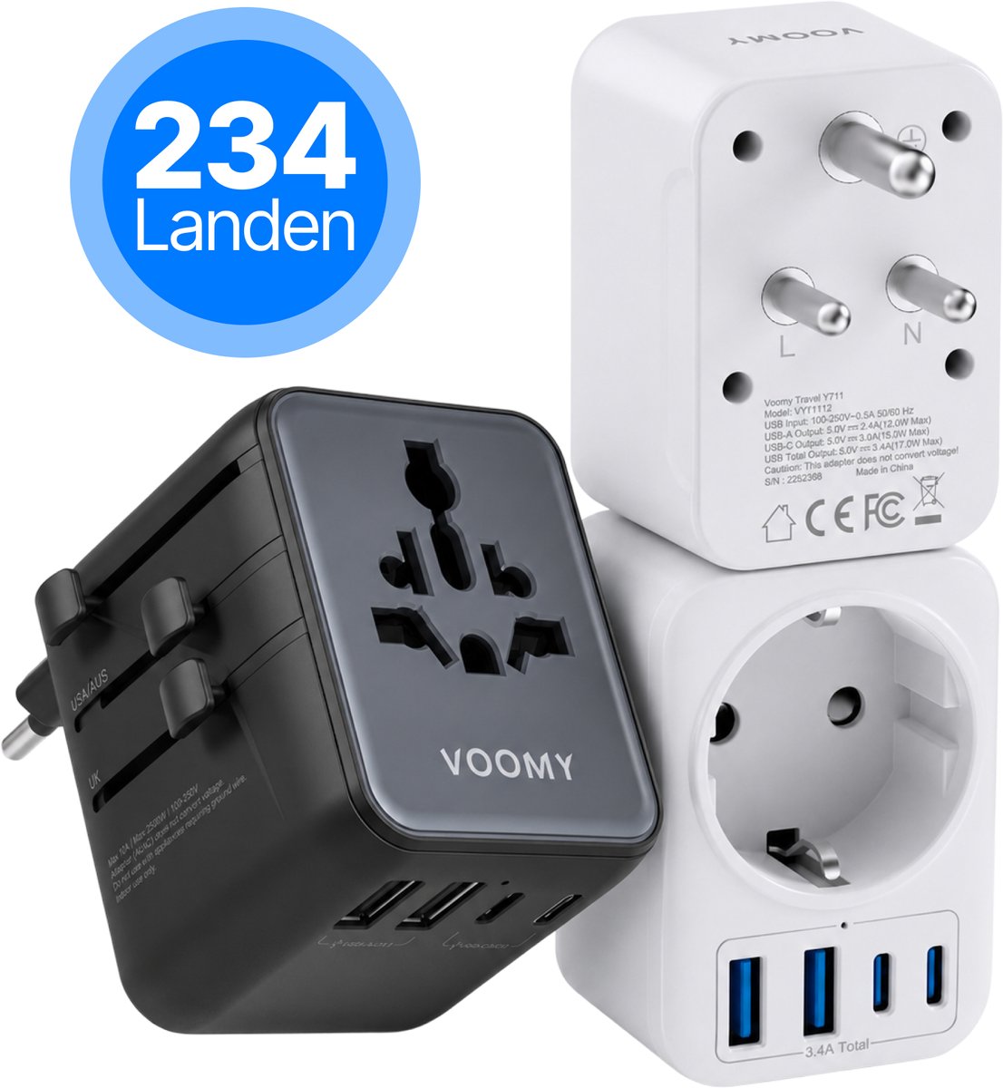 Voomy Reisstekker Set 234 Landen - Wereldstekker Universeel + Type D India - 5x USB-C & 4x USB-A - 28W - Geschikt voor UK, USA, Azië & Europa