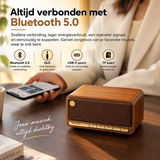 DPLUNIQ Speaker - Box - Speakers - Luidspreker - Bluetooth 5.0 - Vintage - 16,4x8,4x10,8cm - 2500mAh - 20W - Hout - Bruin — afbeelding 4