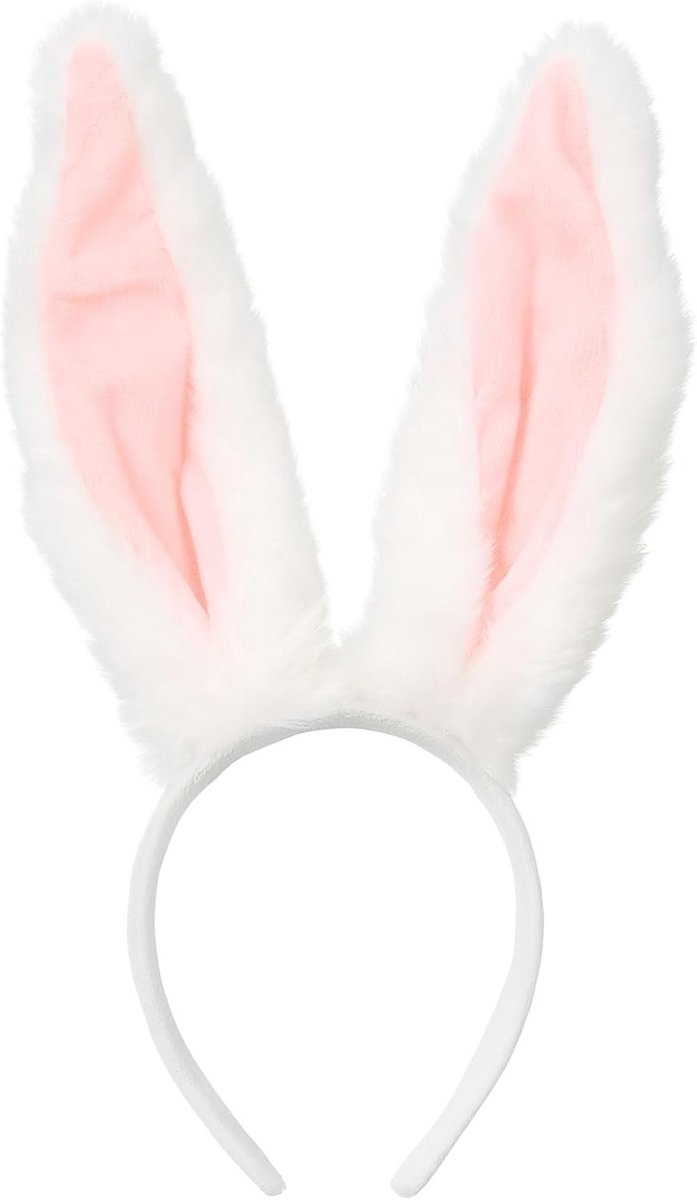 Hoofdband met konijnenoren van pluche in wit en roze voor Pasen, Halloween, feest, cosplay en decoratieaccessoires