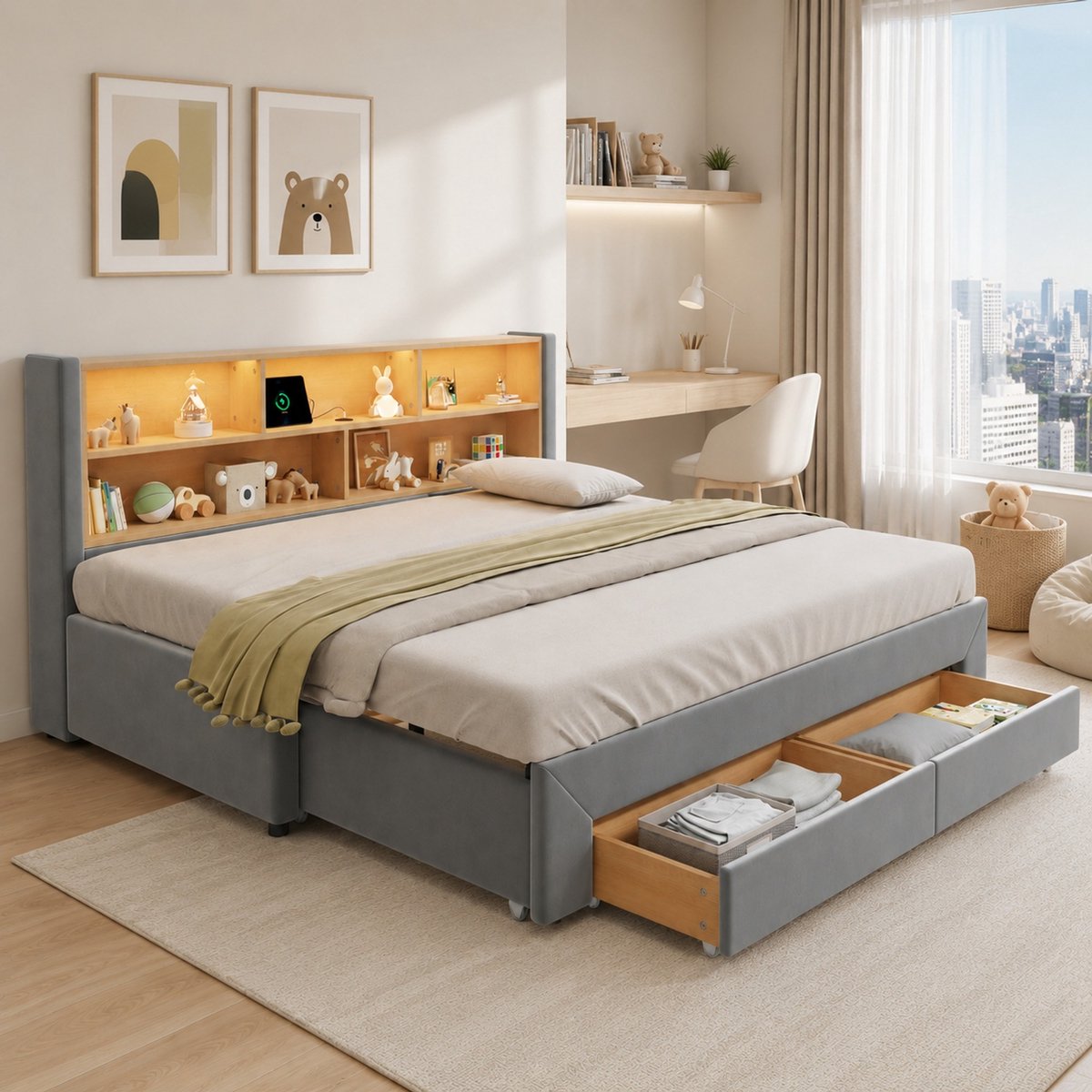 MODENUIT Polsterbed – Uitschuifbaar – 90 x 200 cm – Stof – Grijs – 2 Laden – Usb-aansluiting – Ledverlichting
