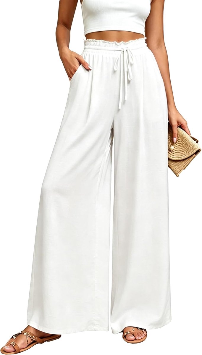 Broek met wijde pijpen voor dames, zomer, hoge taille, licht, elegant patroon, stoffen broek met zakken, casual broek, boho, strand, los, licht