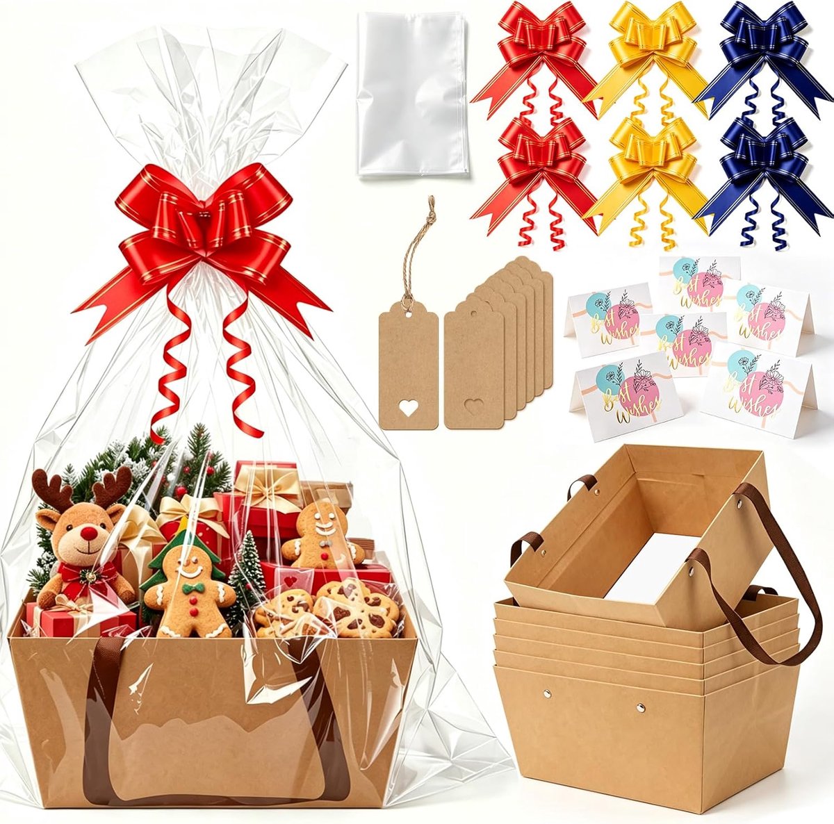 Set van 6 Lege Cadeaumanden Groot - Kartonnen Presenteermandjes met Handvatten, Folie, Lint en Kaartjes - Mand om te Vullen voor Kerst, Verjaardag, Bruiloft - Bruin