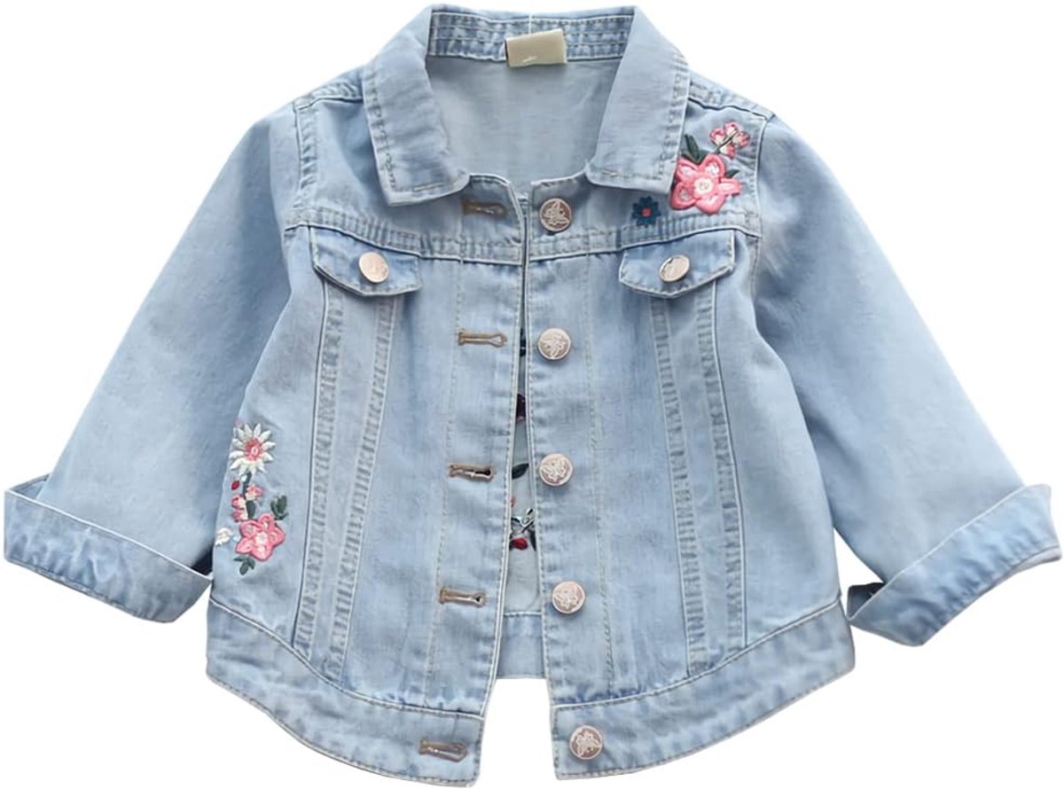 Jeansjas voor kinderen, meisjes, jeansjas, overgangsjas met geborduurde denim mantel, outdoorjas voor lente en herfst, blauw (b), 104/110 cm