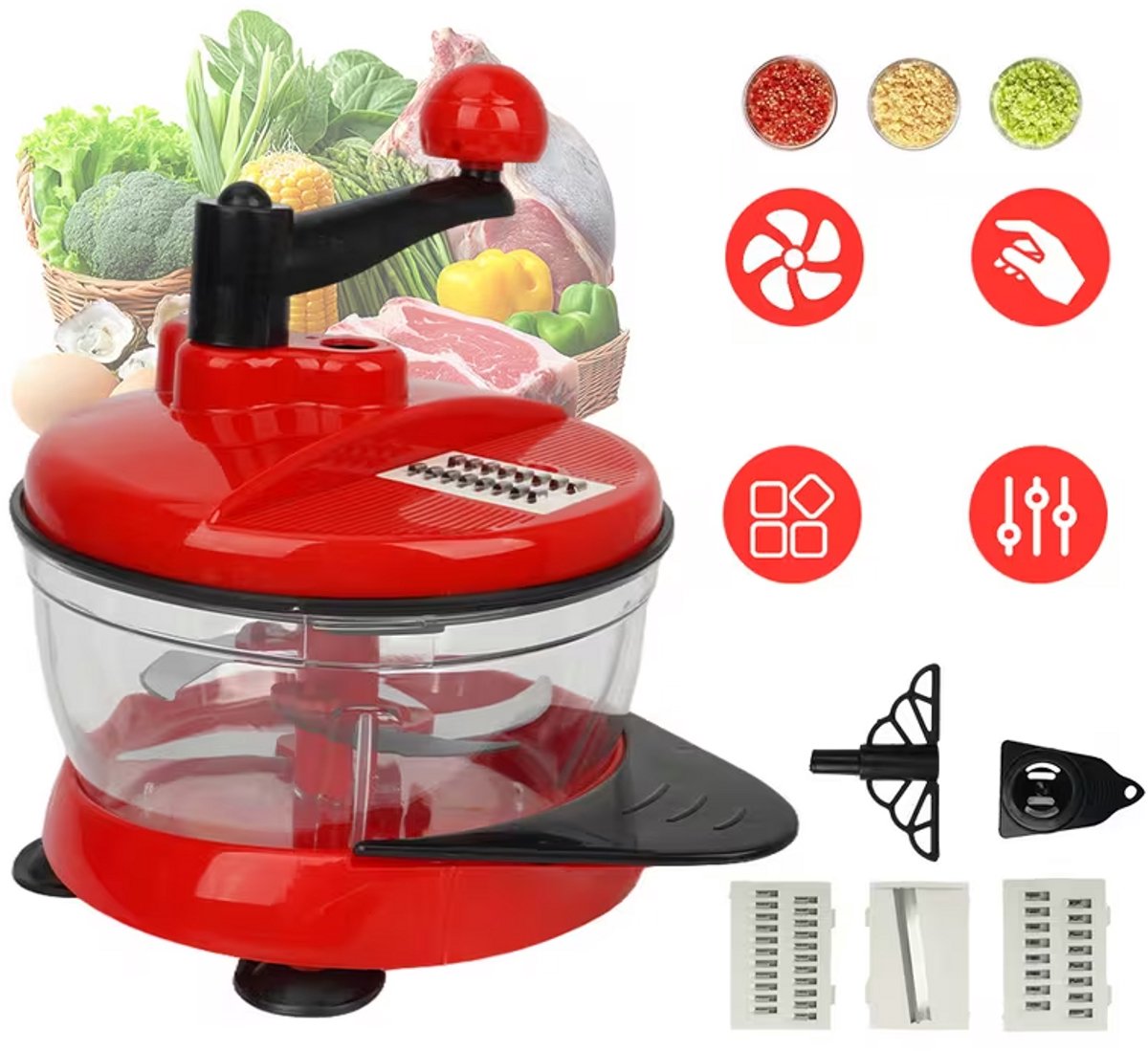 Groente Snijder Handmatig - Handmatige Vleesmolen - Eierklopper - Afneembaar - Antislipmat - Snel Malen - 2.5L - 30x18x22 cm
