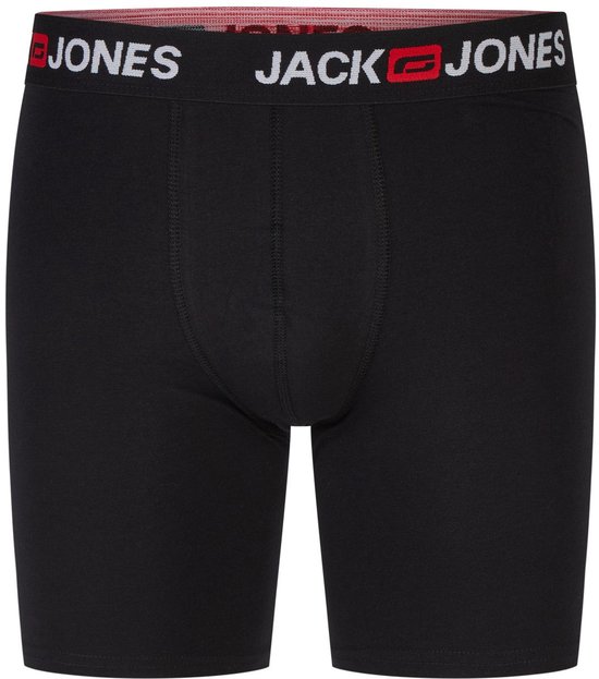 Zwarte trunk met een elastische tailleband met JACK & JONES logo in witte en rode letters.