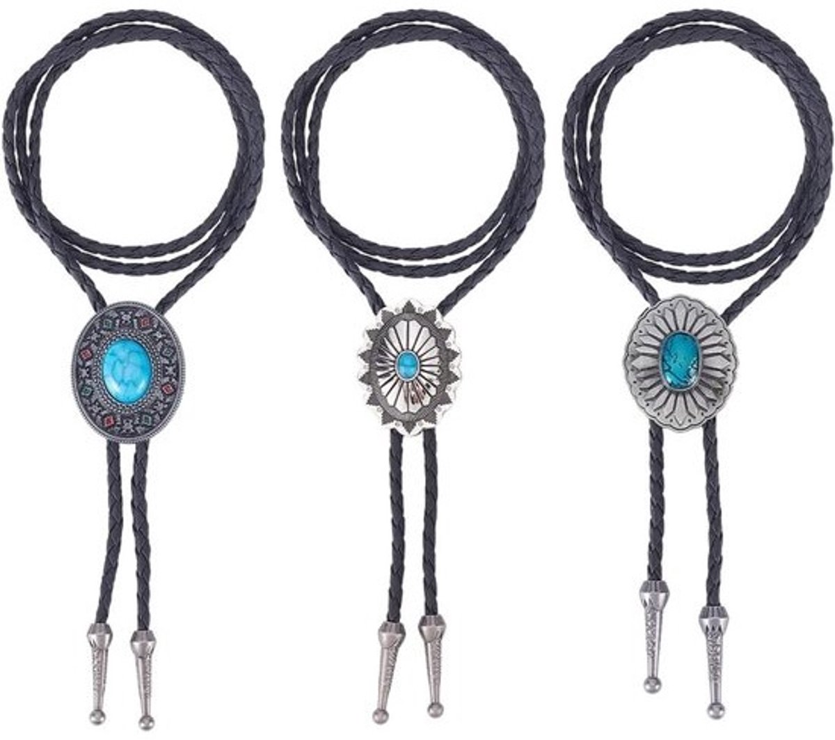 Stijlvolle Turquoise Bolo Tie voor Mannen van PU Leer - Vintage Western Cowboy Accessoire met Gevlochten Touw en Alloy Bola Set voor Kostuums en Feestjes