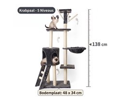 Sir.Pawsalot Luxe Krabpaal 138 cm - Kattenboom met 5 Niveaus - Inclusief Hangmat, Kattenhuis & Speelmuizen - Ruimtebesparend - Antraciet / Donkergrijs