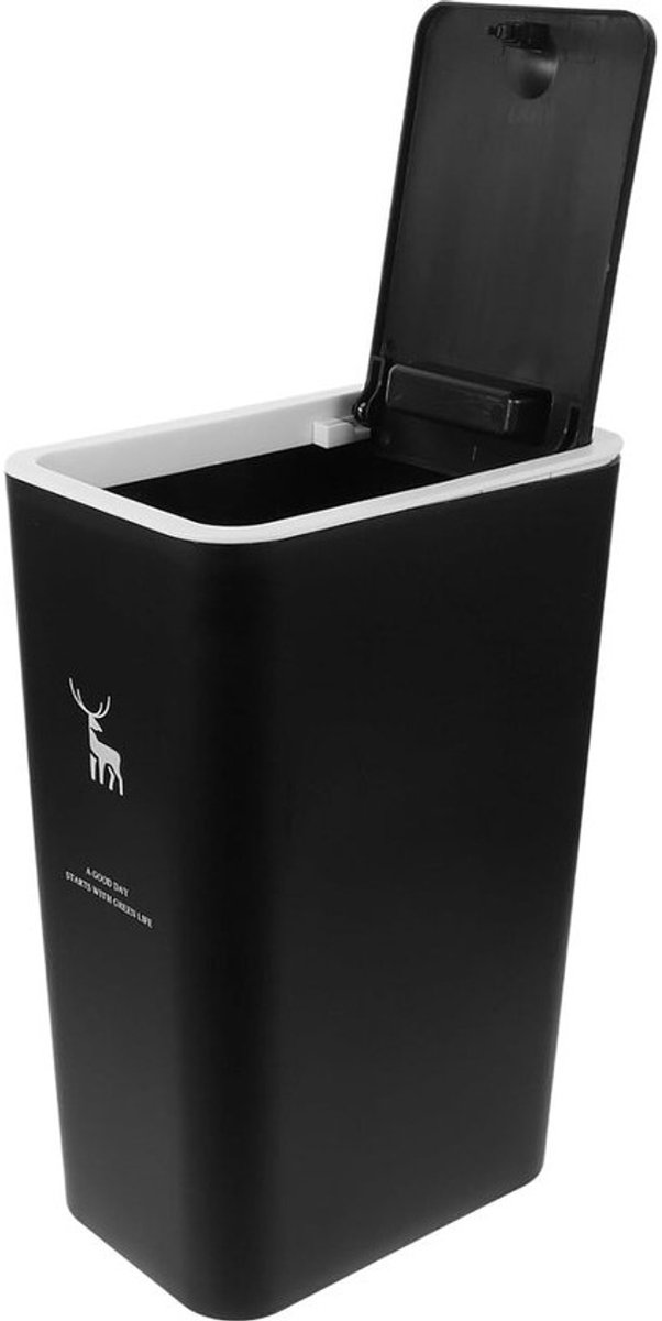 Badkamerbak met deksel, 10 L, kunststof vuilnisbak met drukdeksel, prullenbak voor keuken, badkamer, slaapkamer, kantoor, wasruimte, zwart
