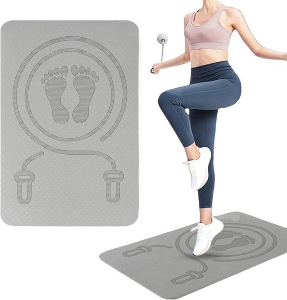 Yogamat – Sportmat – Fitnessmat – Jump Rope Mat 60x40 cm – 8mm Dikke Anti-Slip TPE Skipping Mat – Schokabsorberende Ondergrond voor Touwtjespringen & Fitness – Grijs