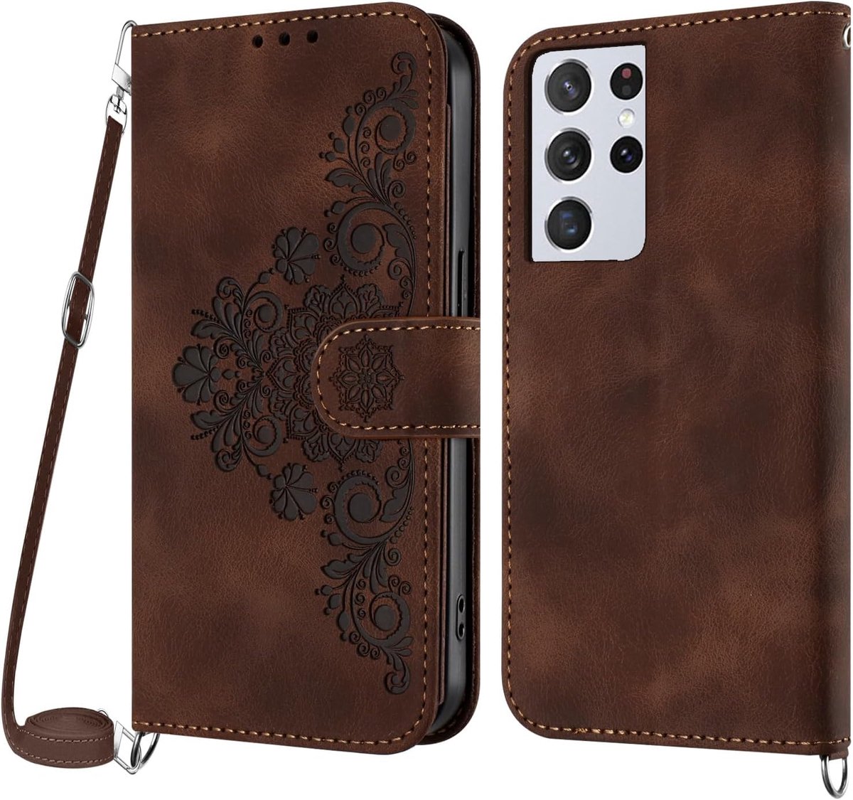 Hoesje voor Samsung Galaxy S21 Ultra met koord, Lederen Flip Wallet Telefoon met pasjeshouder Kickstand Magneetsluiting Compatibel met Samsung S21 Ultra - Bruin