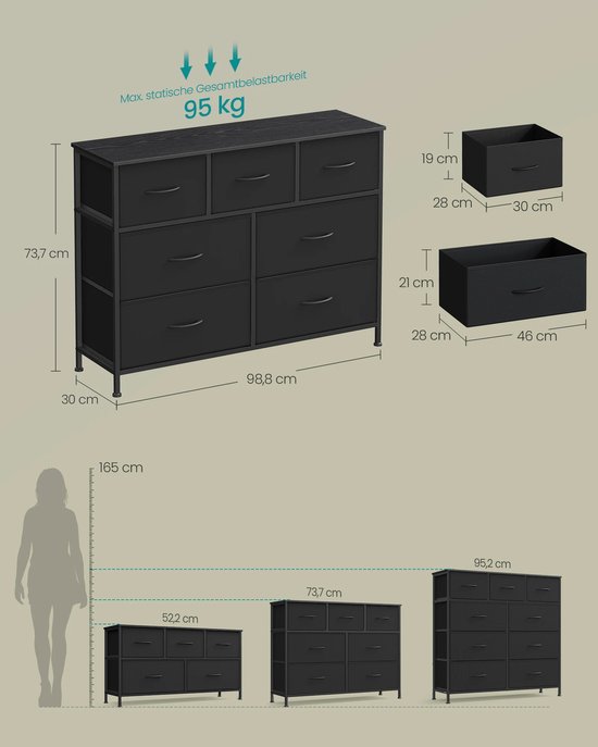 Zwart dressoir met 7 lades in verschillende formaten. Afmetingen: 98,8 cm breed, 73,7 cm hoog, 30 cm diep. Metrische afmetingen van de laden en staande figuur voor schaal.