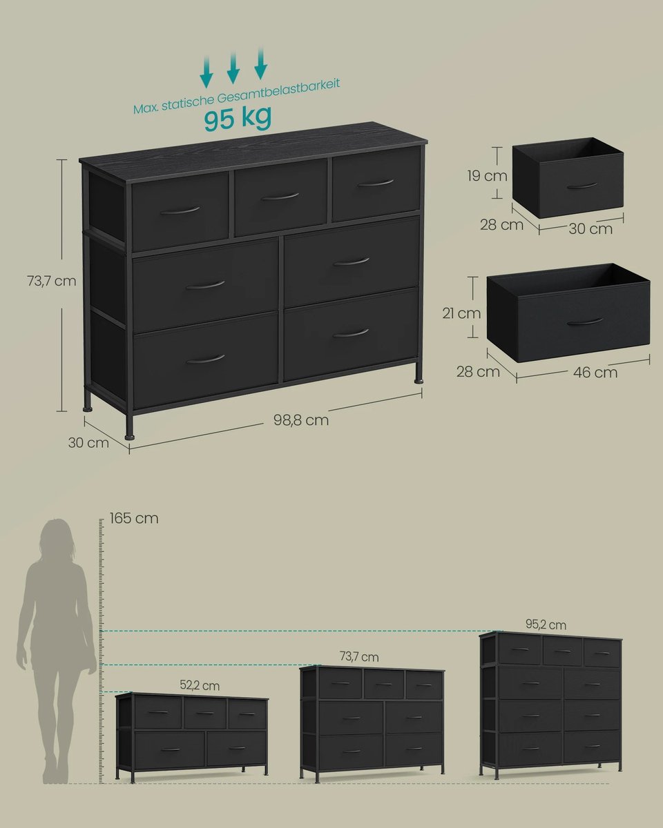 Prime Home Kledingkast - Commode - Commode baby - Kledingkast slaapkamer - Opbergkast - Opbergkasten - Ladekast - Ladekasten - Dressioir kasten - Dressoir kasten modern - 7-stof lades - Staal MDF - 30 x 98,8 x 73,7cm - Zwart – foto 3