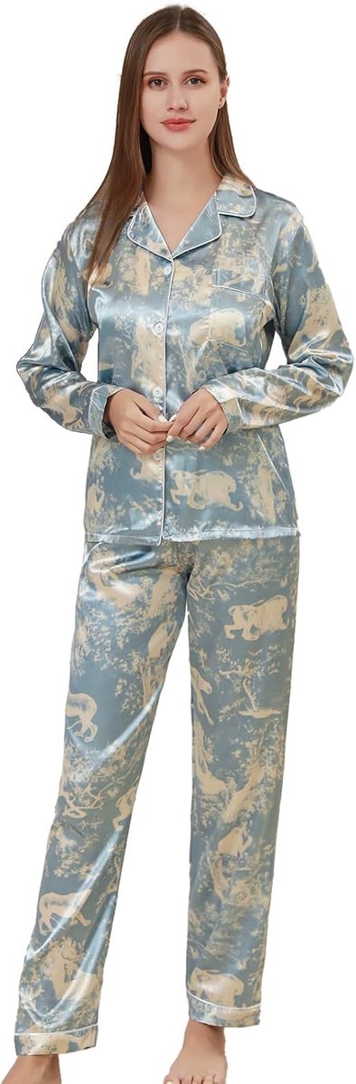 Satijnen pyjama voor dames, top met lange mouwen en lange zijdeachtige nachtkleding, button-down pyjamasets, nachtkleding