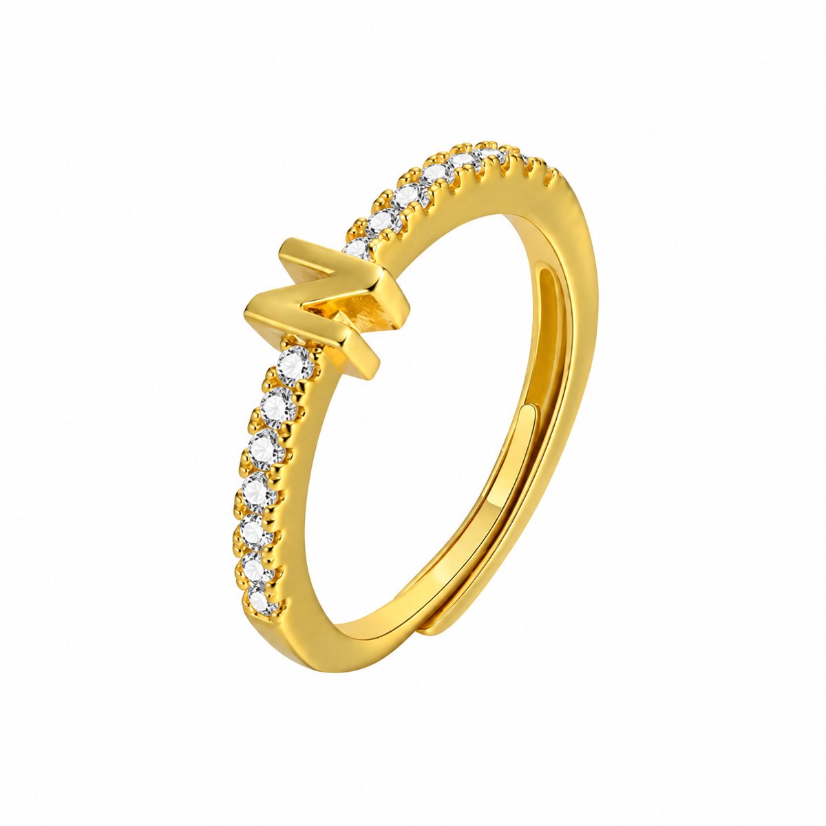 Matthew Studio® Initiaal Ring N - 925 Sterling Zilver - Goudkleurig - Verstelbare Letter Ring met Zirkonia Steentjes