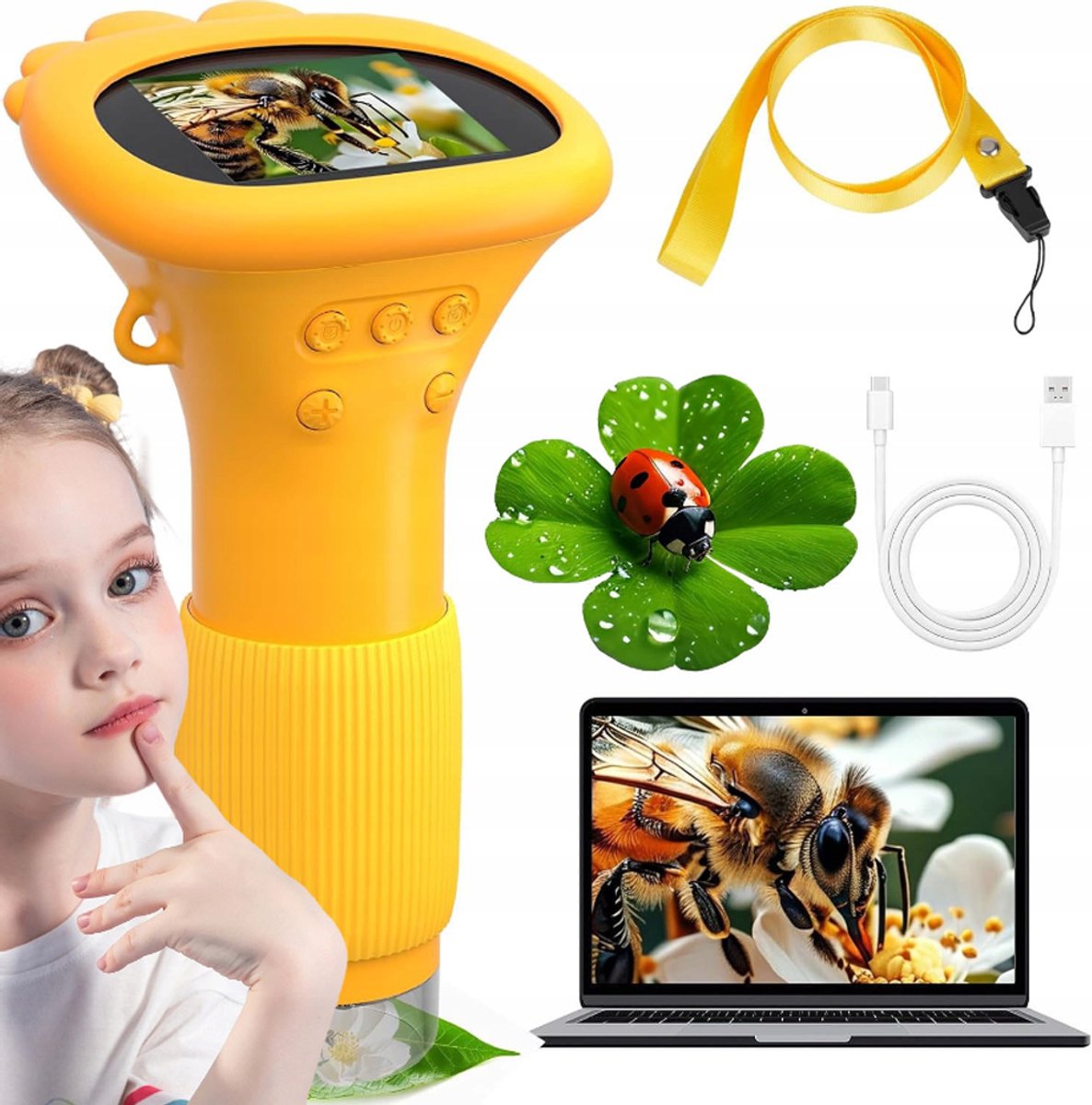 Draagbare Zakmicroscoop 1000x Met 2-Inch HD-Scherm - Foto & Video, 8 LED-lampjes, Siliconen Beschermhoes - USB-Oplaadbaar STEM-Cadeau Vanaf 3 Jaar - Geel