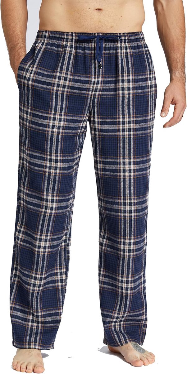 Pyjama voor heren, flanel, katoen, geruite slaap- en loungebroek, pyjamabroek met zakken en knoopgulp