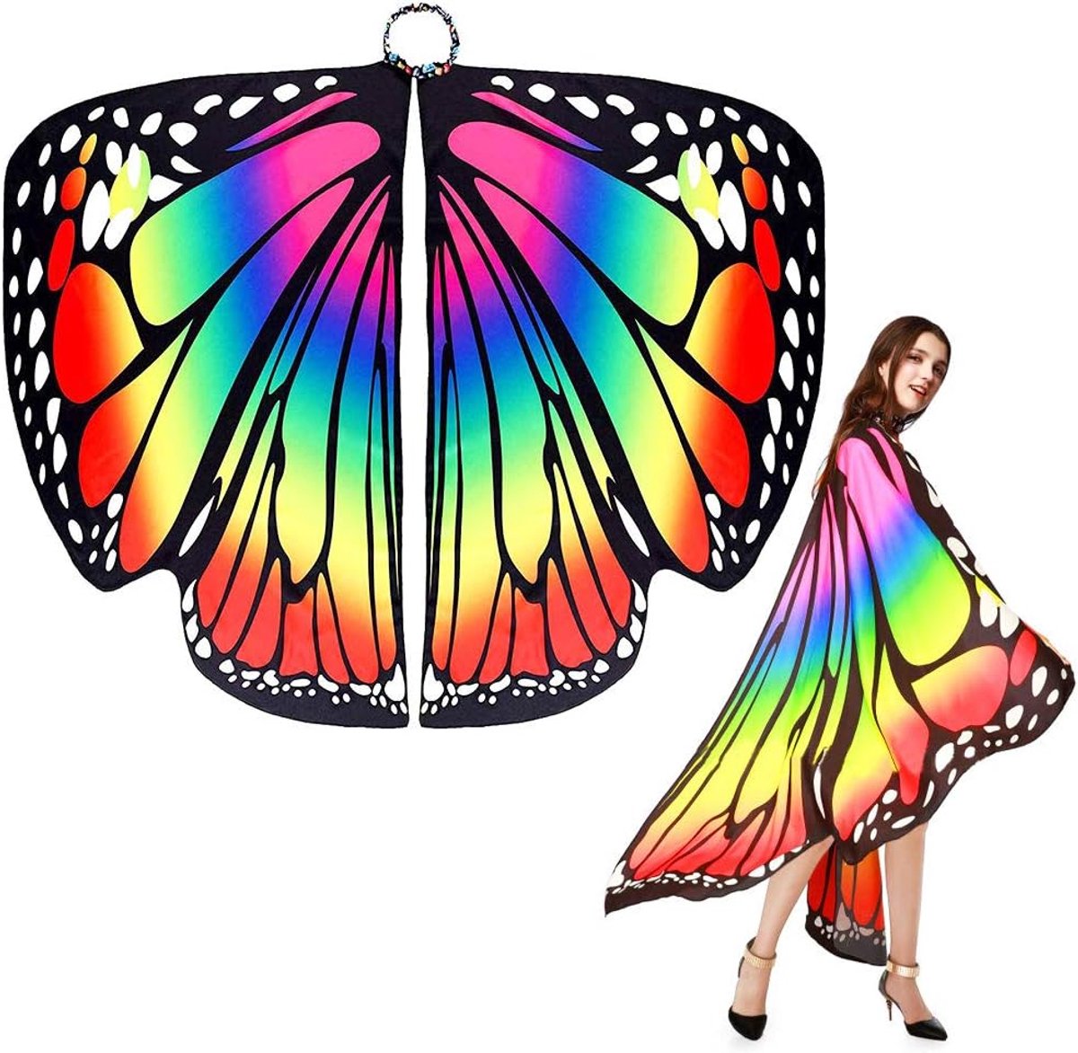 Vlindervleugelsjaal voor dames, vlindervleugels, volwassenen, zachte stof, accessoires voor carnaval, Pasen, party, dans, meerkleurig, 168 x 135 cm