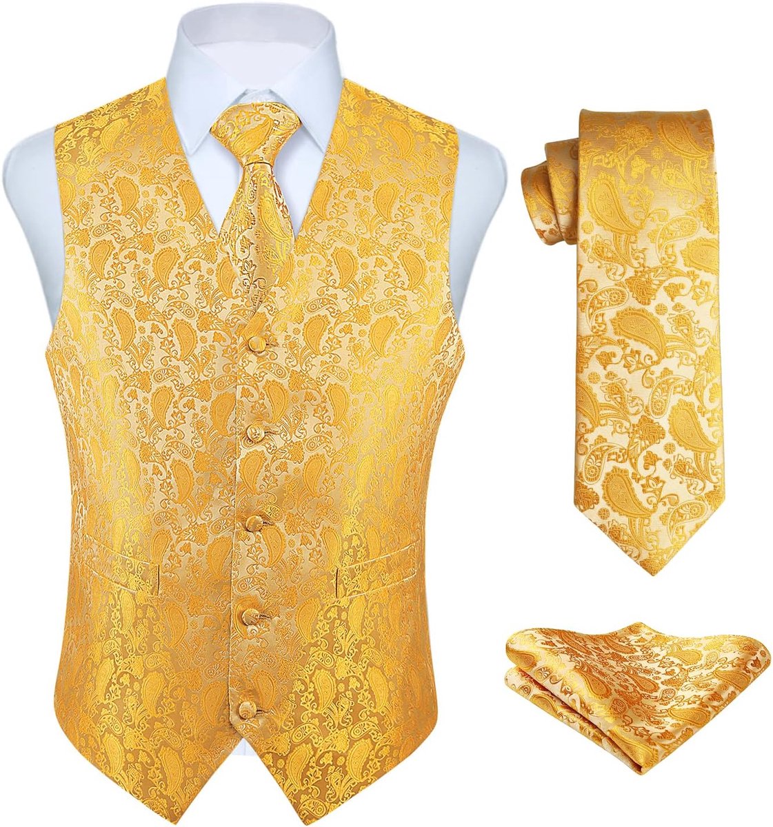 Gilet voor heren, paisley-gilet voor bruiloft, stropdas, pochet, bloemenpatroon, jacquard feestpak, set met gilet