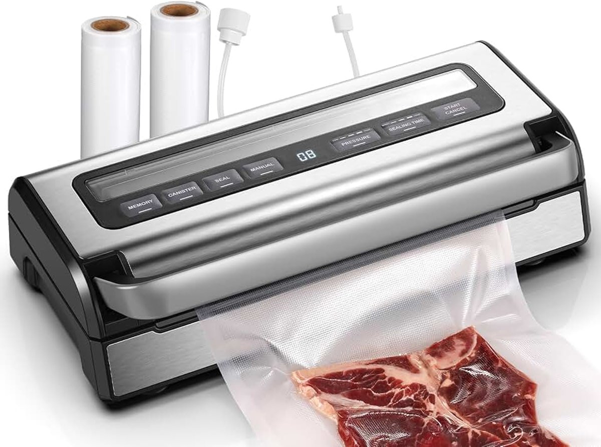 Sealer 95 kPa, 9-in-1 Voedings Vacuüm Machine met Instelbare Tijd/Drukmodus, Geheugenfunctie, Dubbele Dichting, Zakkenknipper en Ingebouwde Opslag, inclusief 2 Zakkenrollen & Slang