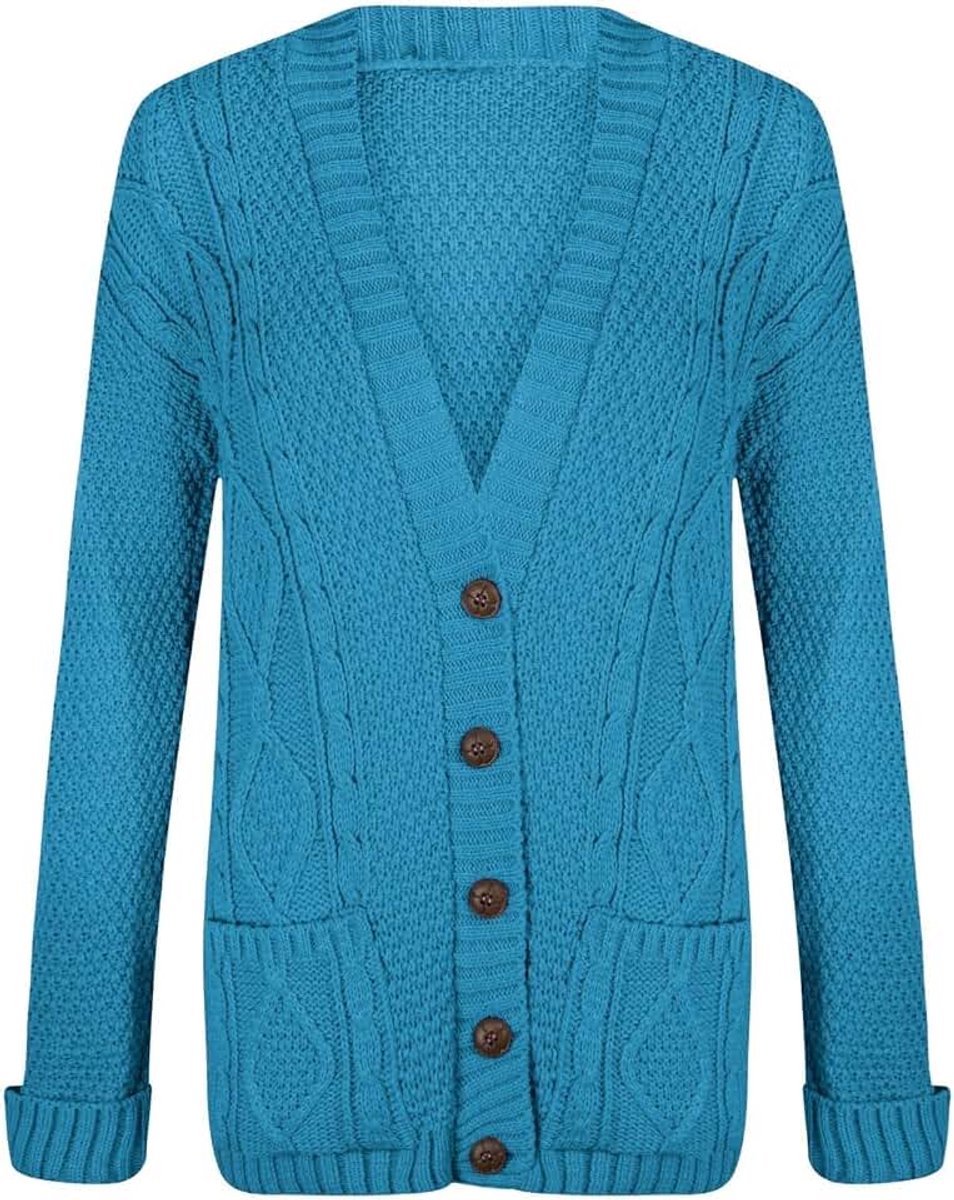 Dames lange mouwen Aran Kabel Gebreide Button Up Grandad Cardigan Sweater Top, Blauwgroen, 34/36