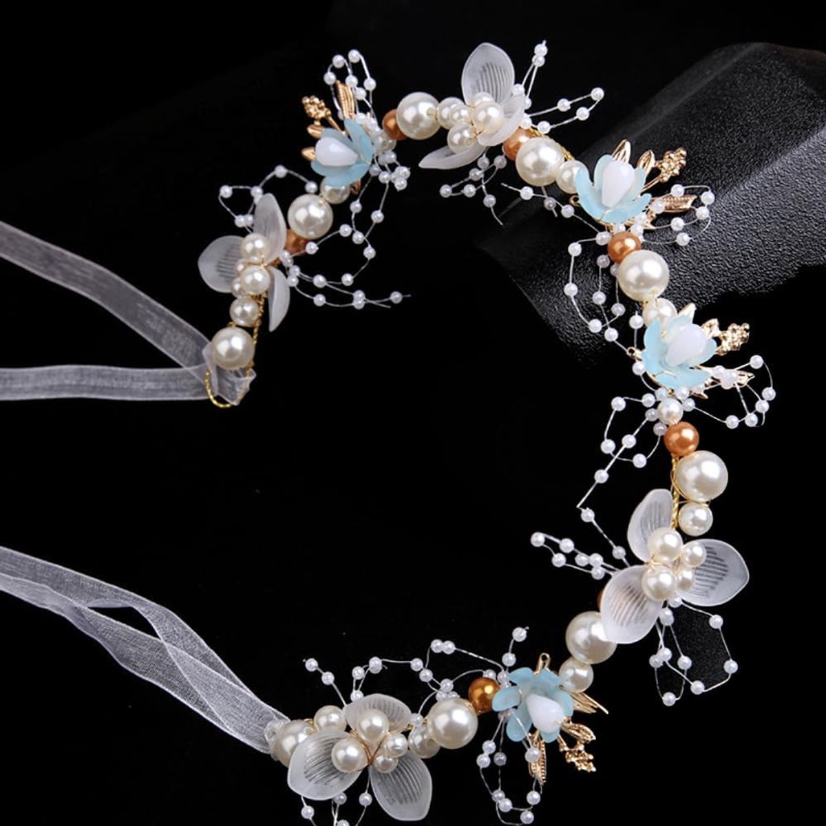 Bloemen en parels, strass, bloemenkrans, haaraccessoires, communie, bloemenkrans, bruiloft, haarsieraad, hoofdtooi voor dames en meisjes, bruiloft, verjaardag, feest, blauw