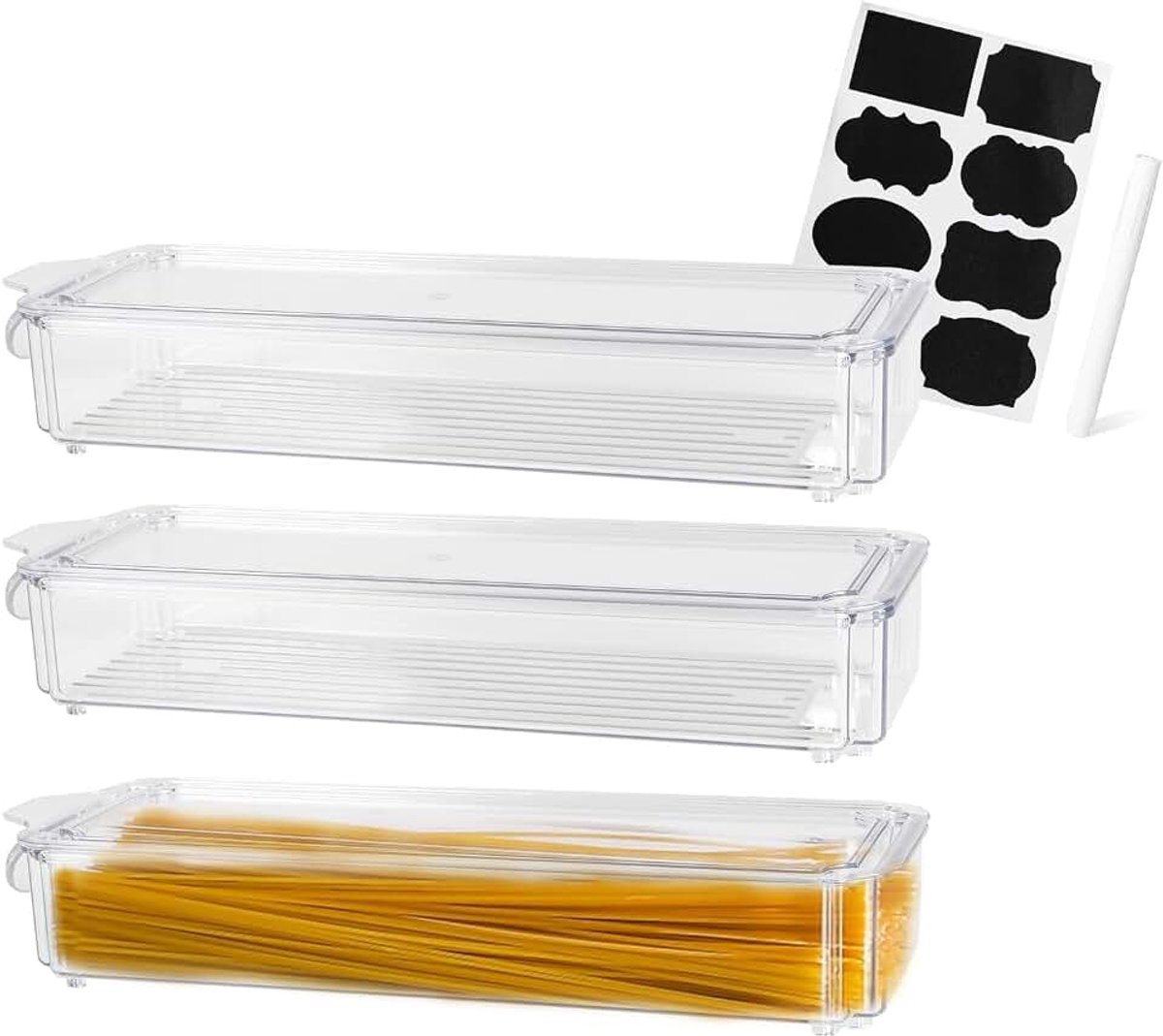 Set van 3, 1,35 l, voorraaddozen met deksel | Drie transparante dozen voor spaghetti, muesli en snacks, luchtdicht stapelbaar met etiketten voor kast of keukenrek