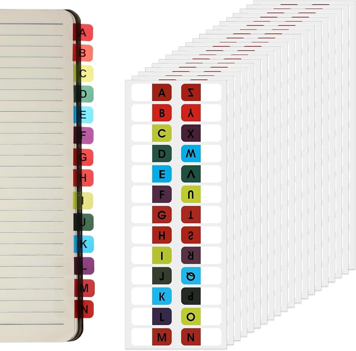 20 vellen A-Z plaktabs, indextabs, letterstickers, alfabetische alfabetische tabbladen, zelfklevende etiketten, pagemarkers, kleverige kleurrijke paginamarkers voor notebooks, woordenboekbestanden