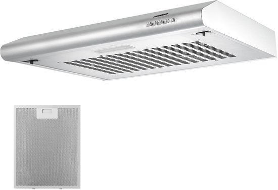 Roestvrij stalen afzuigkap met bedieningsknoppen en aluminium vetfilter.