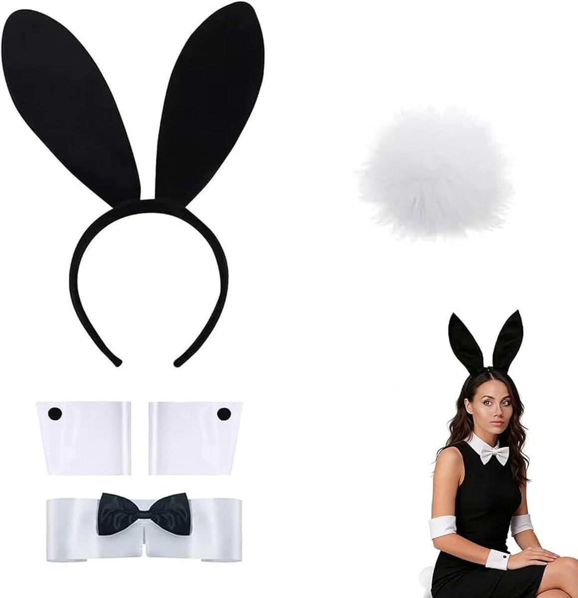 Bunny-kostuum voor volwassenen, hazenoren, haarband, ligkostuum, manchetten, hazenstaart, cosplay party