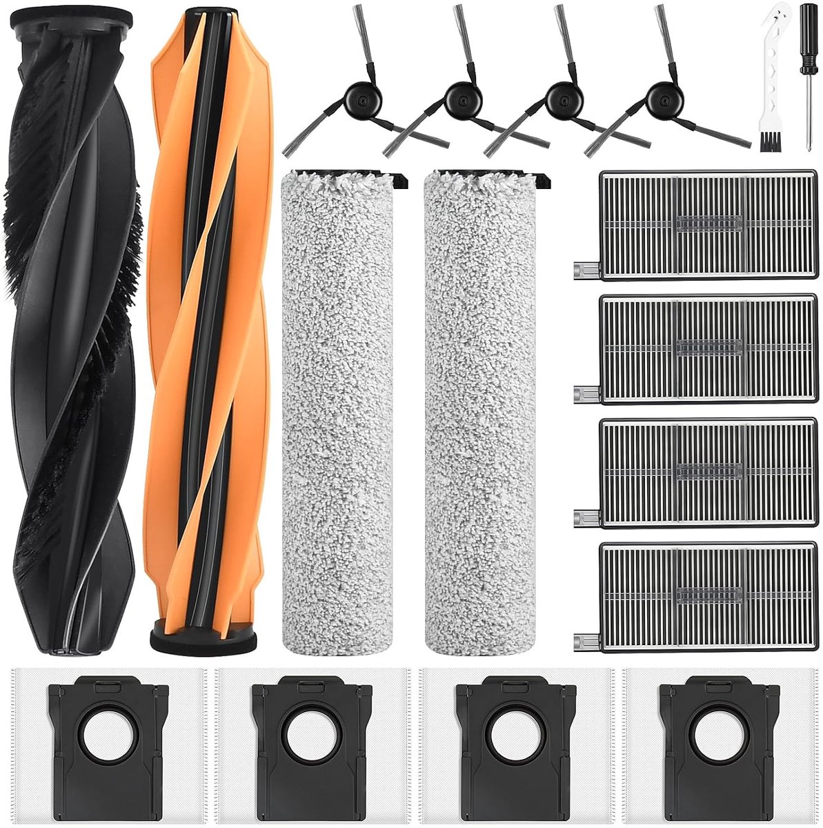 Complete accessoire set van 18 onderdelen voor de Dreame Aqua10 Ultra Roller robotstofzuiger, inclusief 4 stofzakken, 4 zijborstels, 4 filters, 2 reinigingsrollen en 2 borstels.