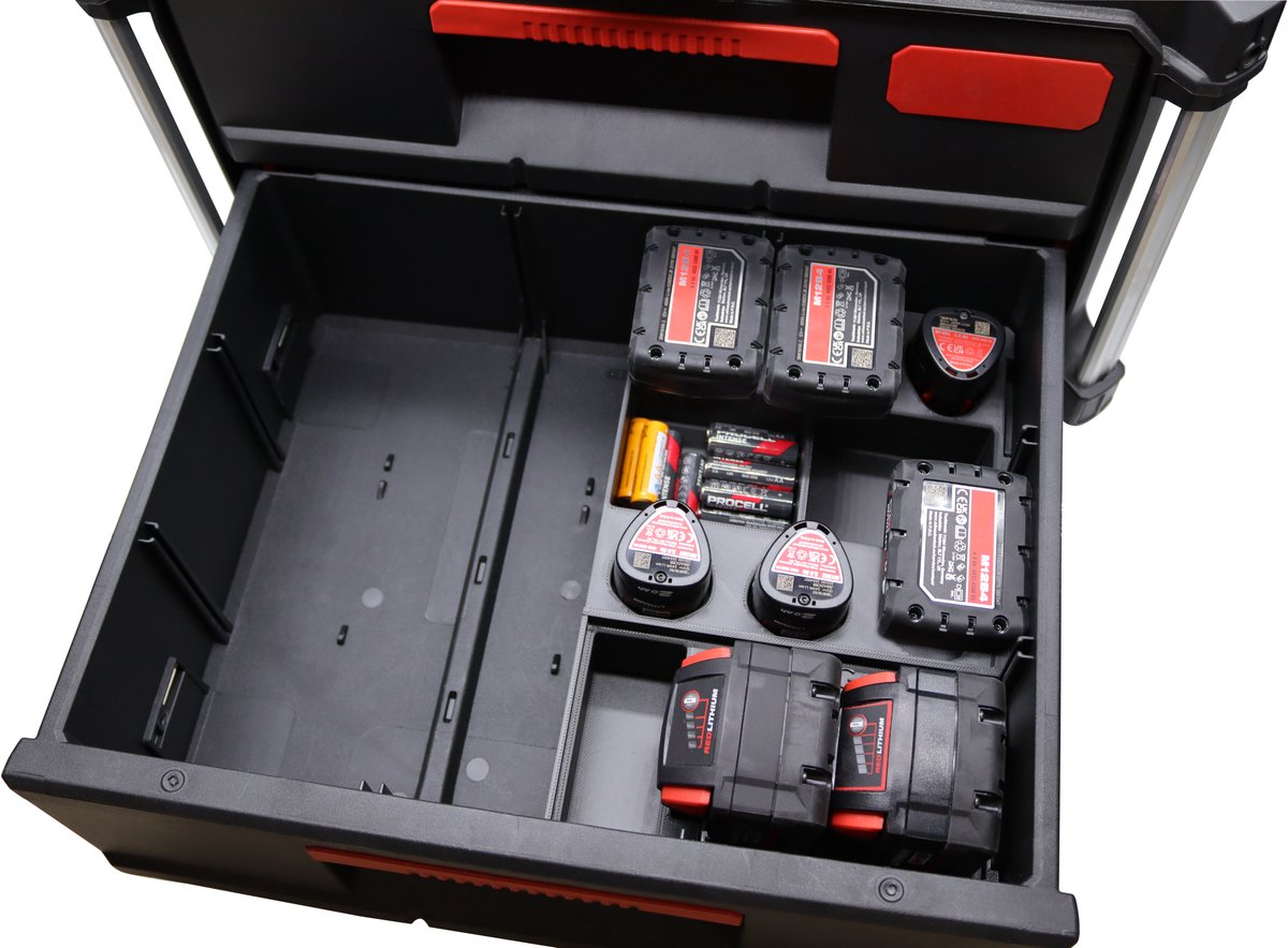 Milwaukee Packout 2 lades kist inzet – Professioneel 3D geprint voor M12 + M18 accu’s - Gereedschapskoffer insert | Organizer voor batterijen | Packout accessoire